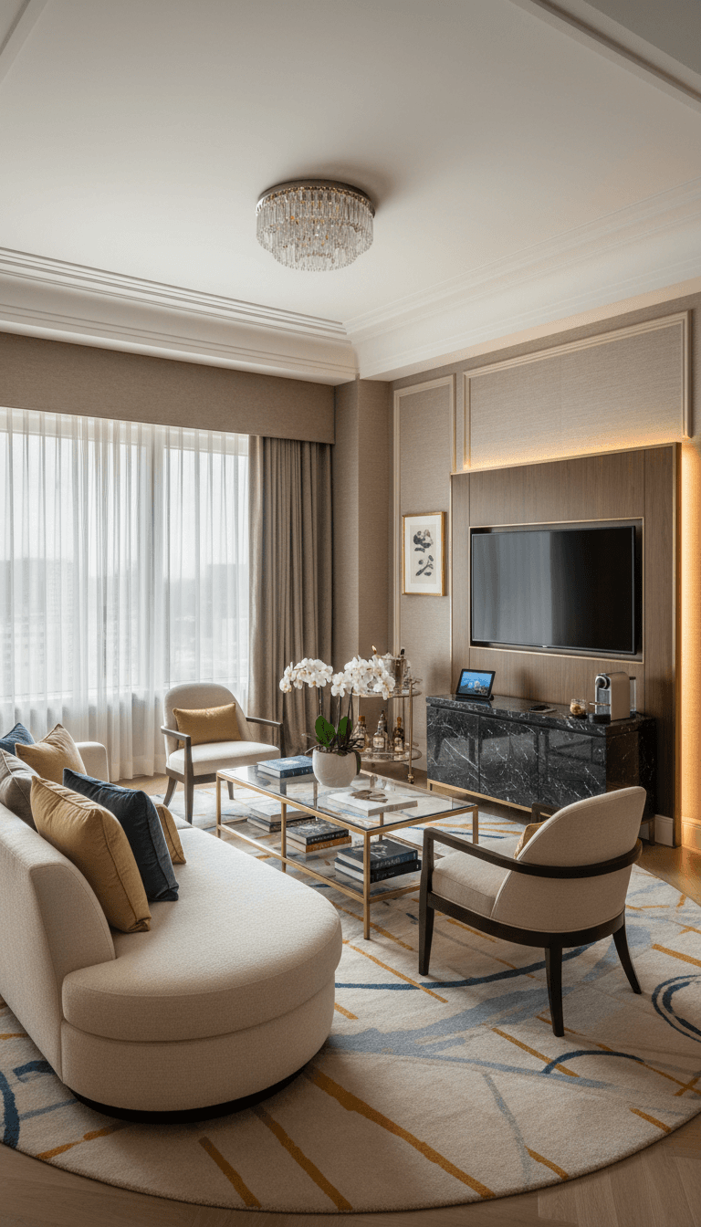 جناح فندقي فاخر مع منطقة جلوس مريحة