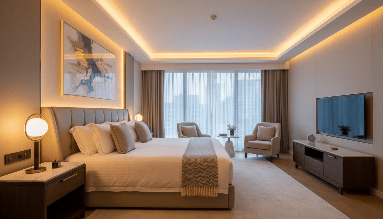غرفة فاخرة في فندق موريس لابان مع إضاءة دافئة وأثاث عصري