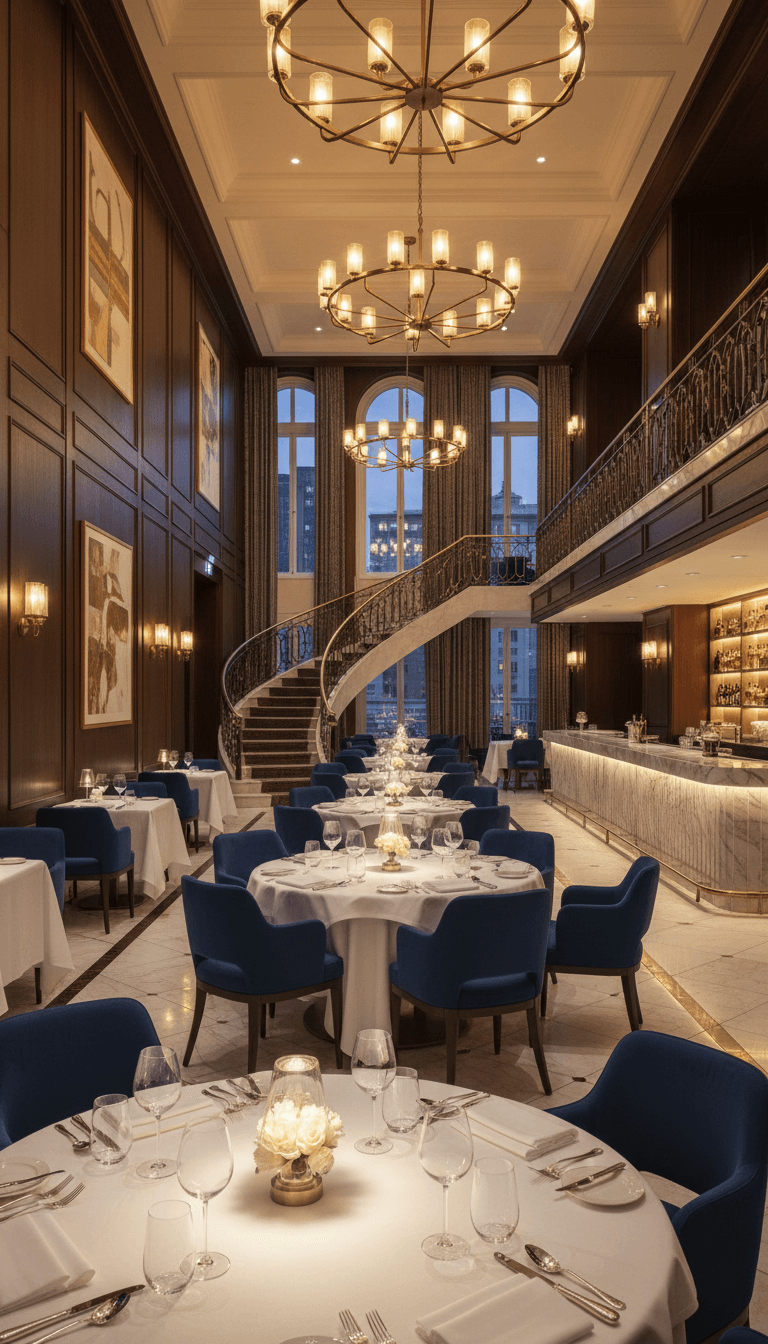 مطعم الفندق بأجواء فاخرة وإضاءة دافئة