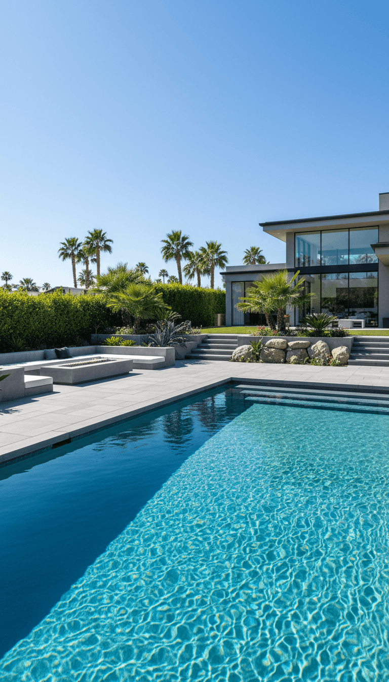 حمام السباحة الحديث بمياه زرقاء صافية