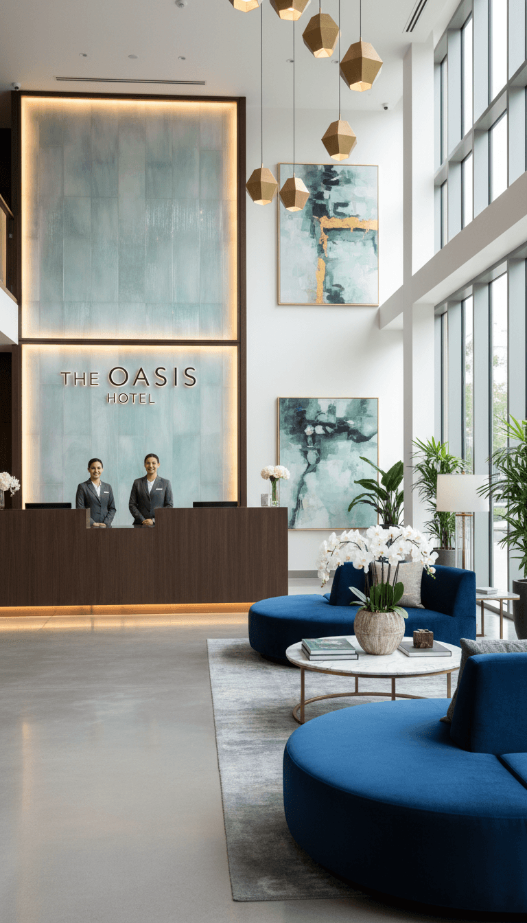 بهو الفندق الفسيح مع مكتب استقبال احترافي