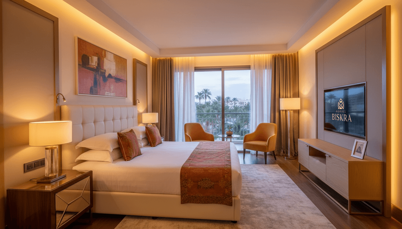 غرفة فندقية فاخرة مع تصميم حديث وإضاءة دافئة