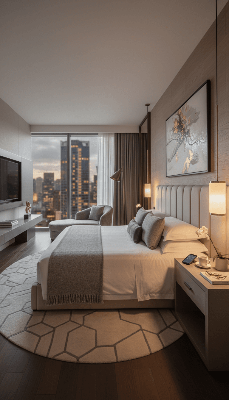 غرفة فندقية فاخرة مع سرير كبير ومفروشات عصرية