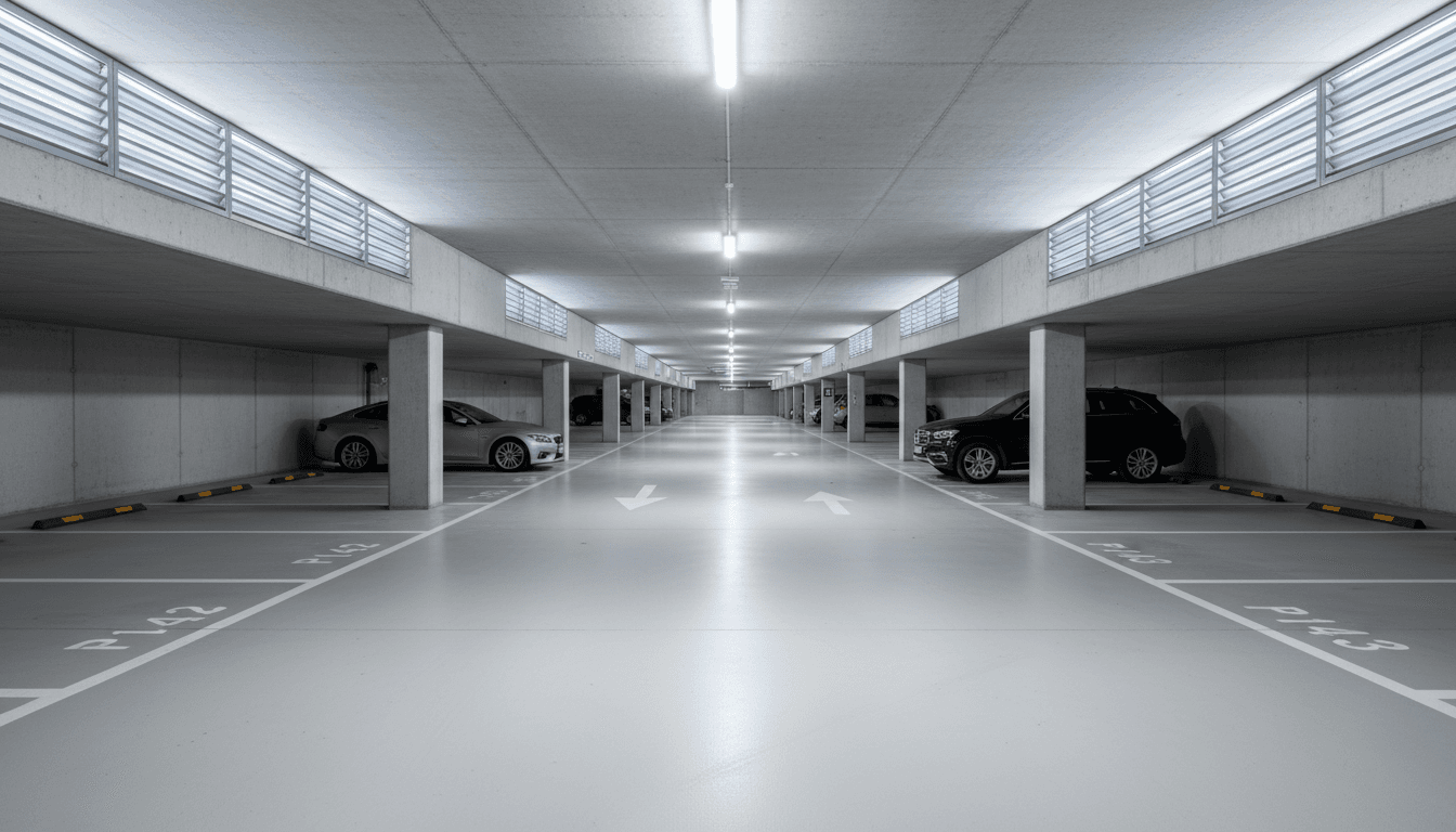 موقف سيارات آمن ومنظم مع إضاءة حديثة