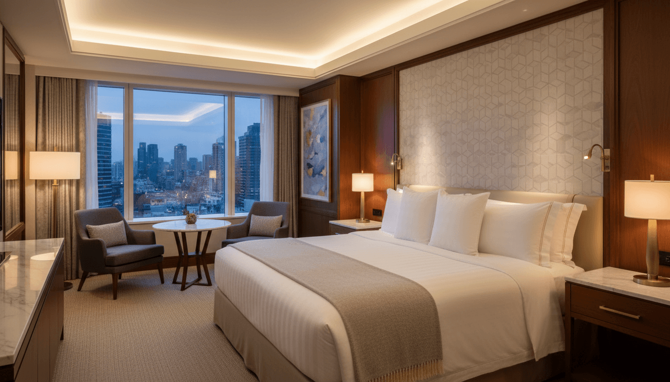 غرفة فندقية فاخرة مع أثاث حديث وإضاءة دافئة