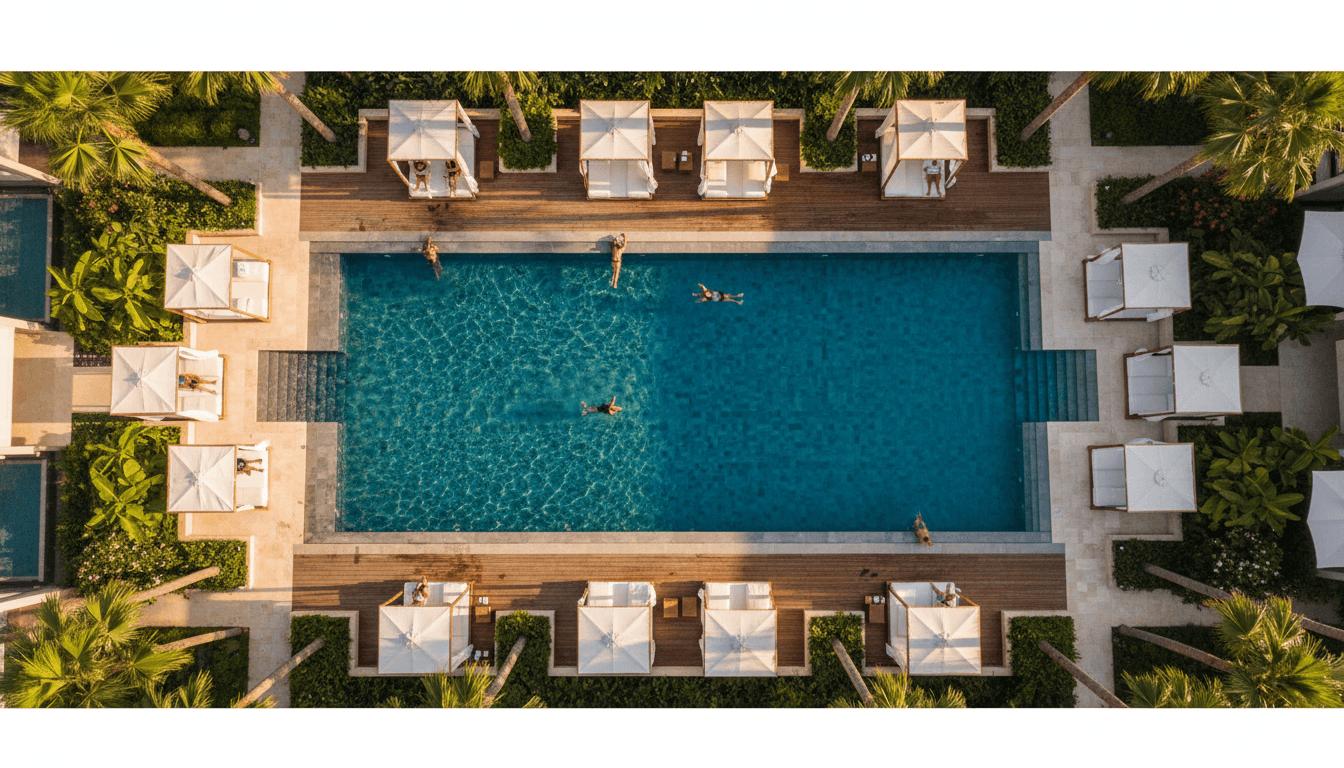 مسبح الفندق المتألق تحت أشعة الشمس