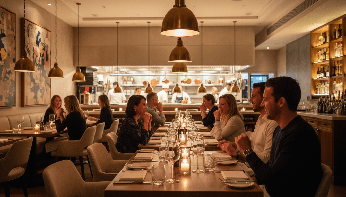 مطعم فاخر مع ترتيب أنيق وإضاءة دافئة